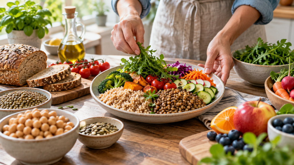Mani preparano un piatto con cereali integrali, lenticchie e verdure, accanto a ceci, pane integrale e frutta