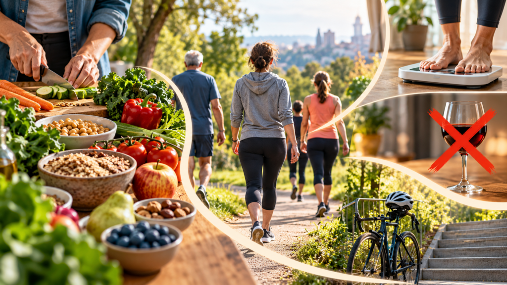 Scena concettuale con cucina vegetale, camminata, bilancia e un bicchiere di vino barrato per rappresentare le abitudini di prevenzione