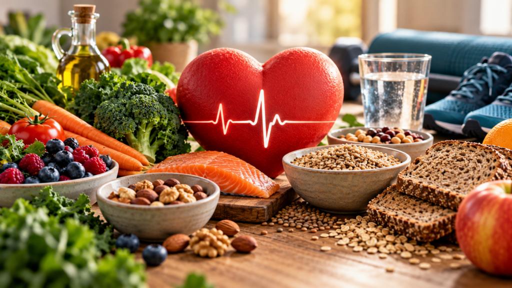 Cuore simbolico con tracciato cardiaco, alimenti vegetali, pesce, acqua e scarpe da cammino per rappresentare le indicazioni AHA