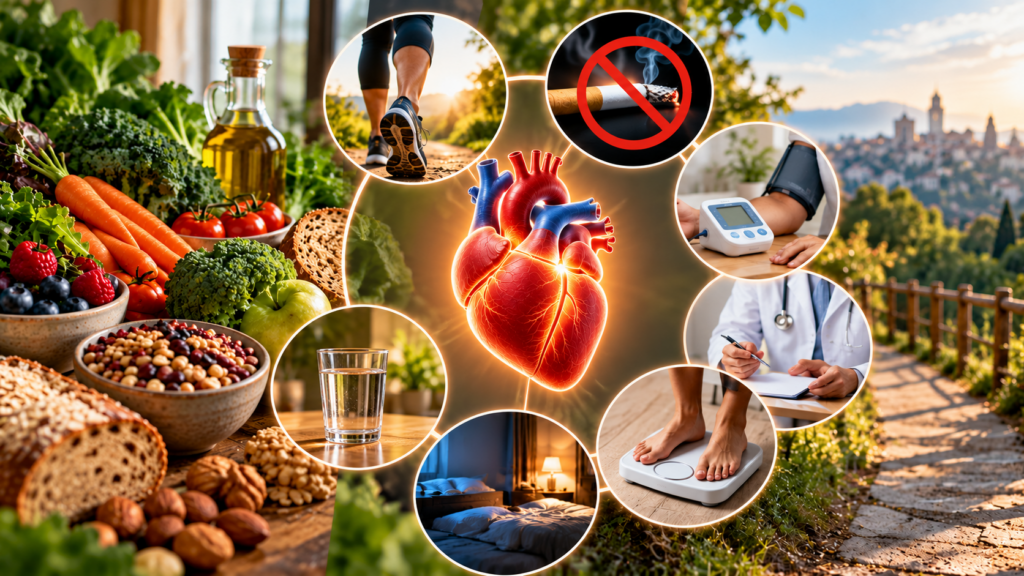 Prevenzione cardiovascolare con alimentazione, movimento, controlli, sonno, peso, acqua e divieto di fumo