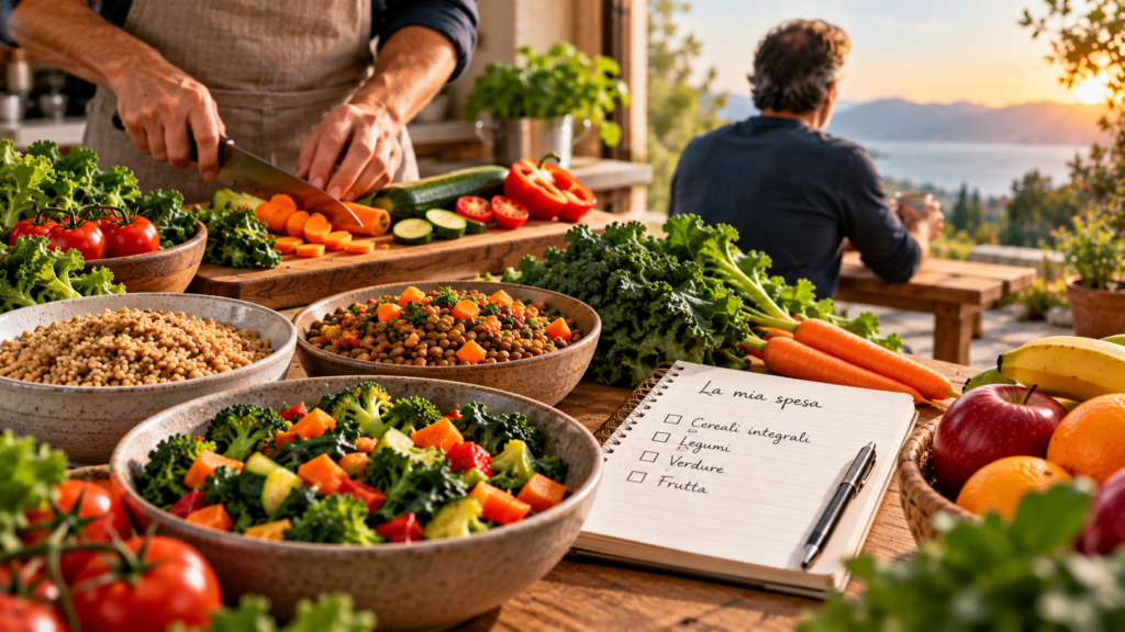 Preparazione di cereali integrali, legumi e verdure accanto a frutta e a una lista della spesa degli alimenti vegetali
