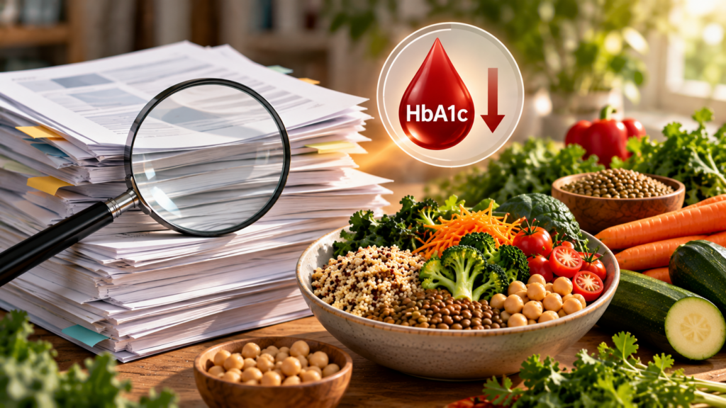 Ricerca sui modelli vegetali e HbA1c: documenti neutri, lente e freccia qualitativa verso il basso accanto a un piatto vegetale integrale