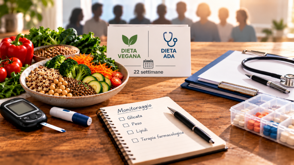 Confronto illustrativo tra dieta vegana e dieta ADA per 22 settimane, con monitoraggio di glicata, peso, lipidi e terapia farmacologica