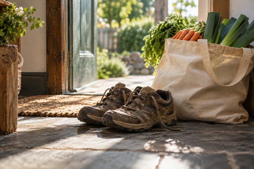 Scarpe da cammino e borsa della spesa accanto alla porta