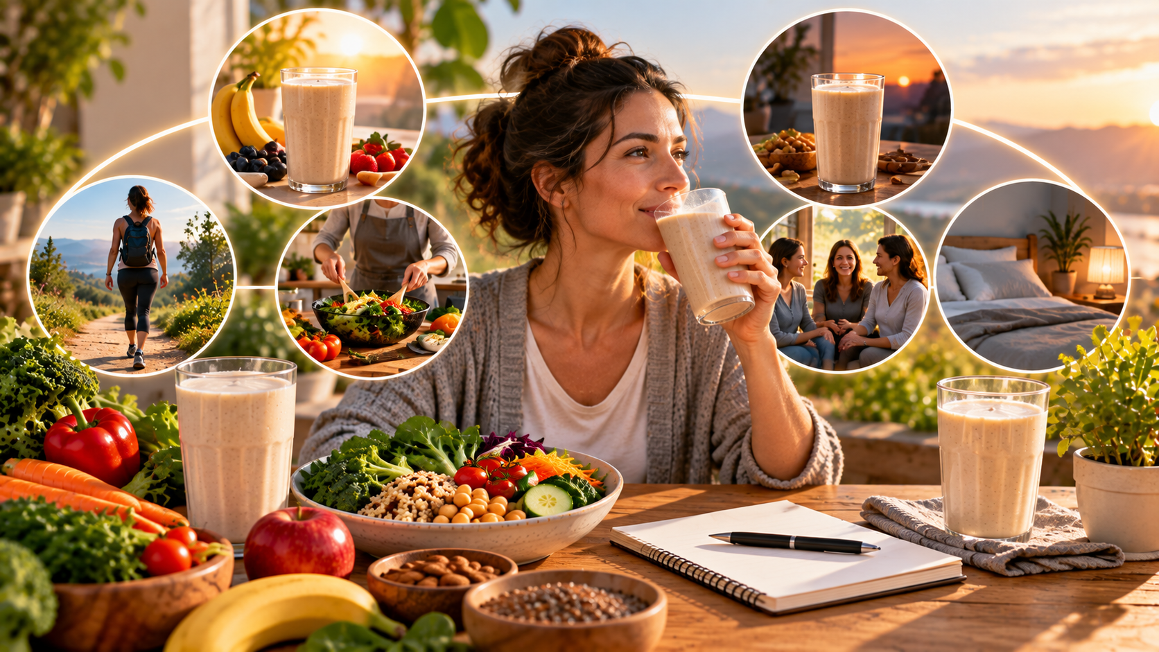 Donna con un preparato nutrizionale, alimenti vegetali e scene simboliche di cucina, movimento e sostegno fra persone.