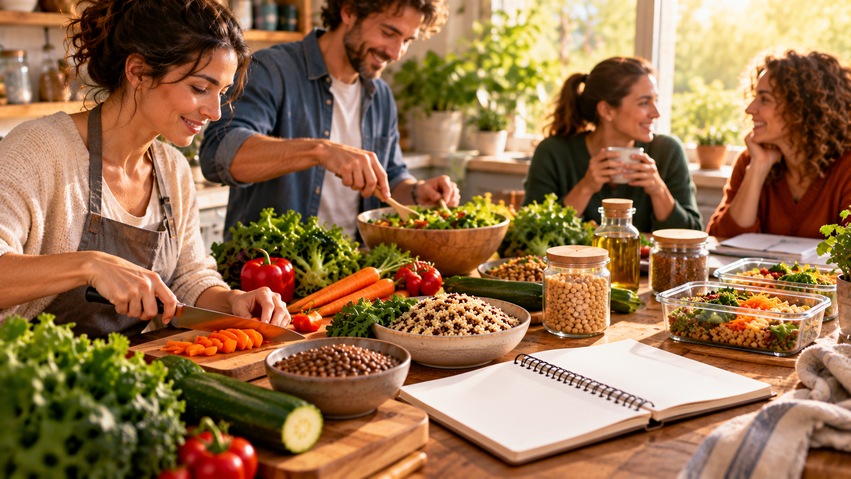 Persone che cucinano e conversano, con legumi, cereali integrali, verdure e un diario bianco sul tavolo.