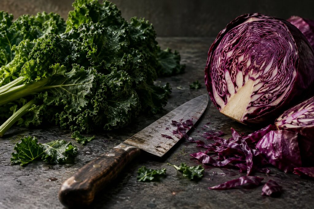 Coltello e cavolo rosso su un piano di cucina, scelte alimentari quotidiane