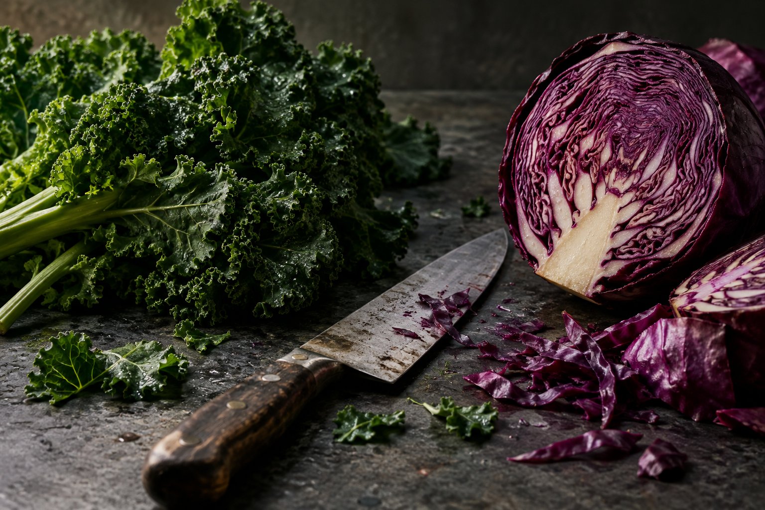 Coltello e cavolo rosso su un piano di cucina, scelte alimentari quotidiane