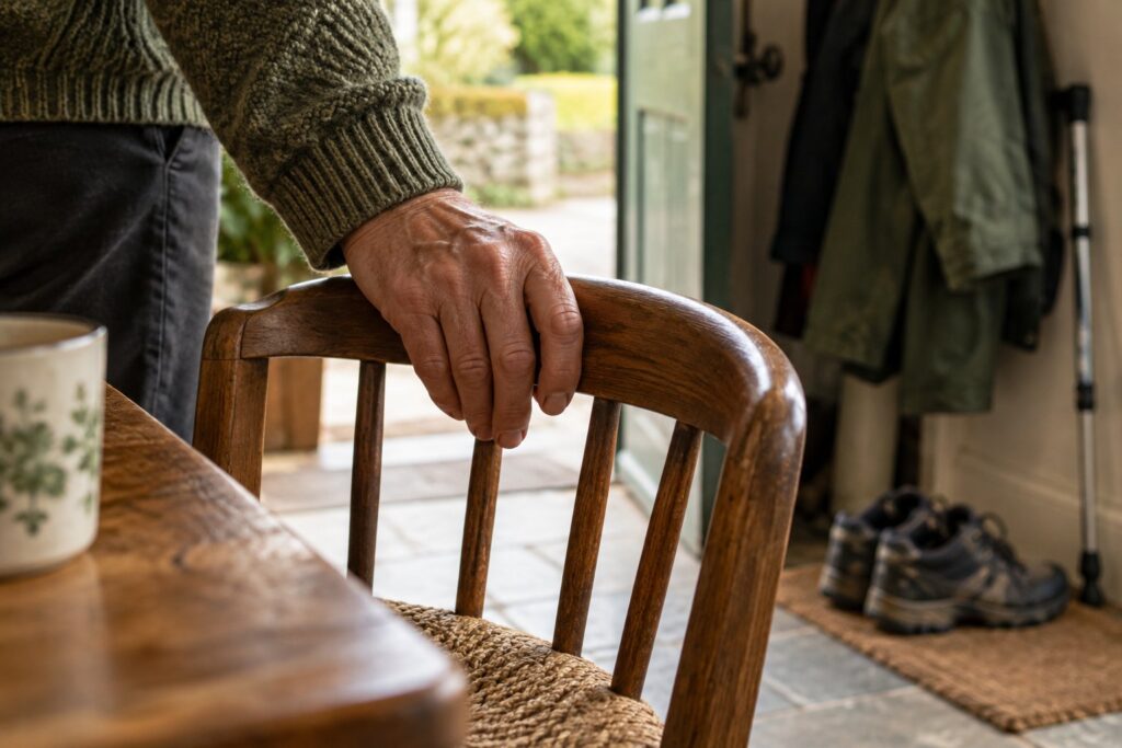 Una mano appoggiata alla sedia al ritorno da una camminata