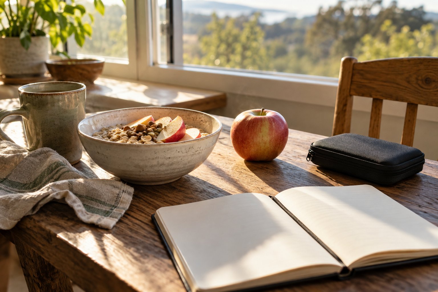 Colazione con avena e mela accanto a un diario e alla custodia di un glucometro