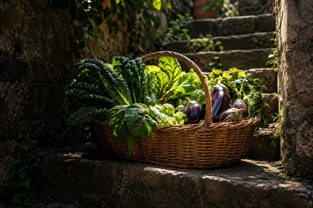 Una cesta di verdure su una scalinata in pietra