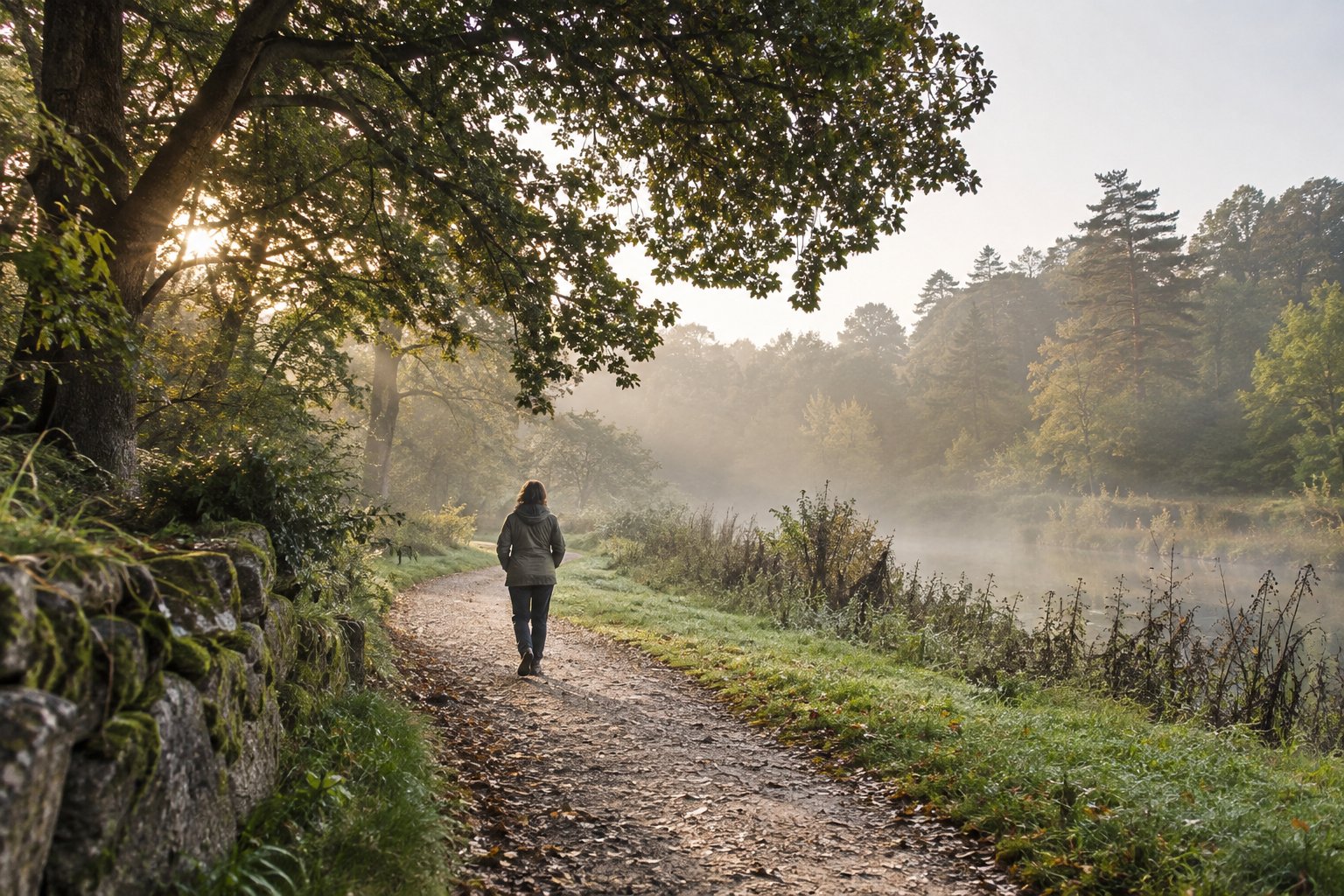 Una persona cammina in un parco nella luce del mattino
