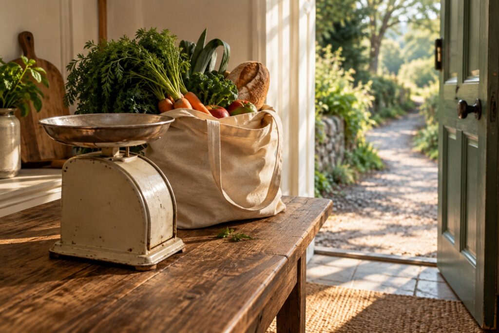 Bilancia da cucina e spesa vegetale davanti a un sentiero