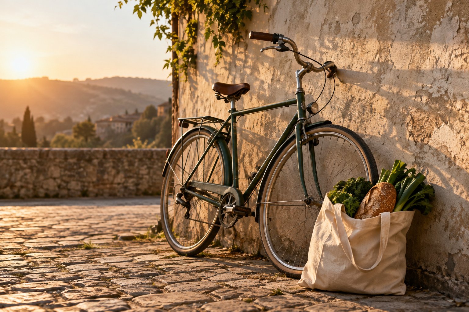 Bicicletta e spesa vegetale davanti a una casa