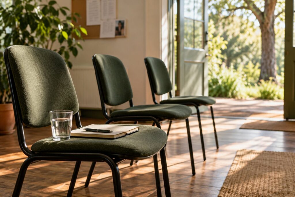 Sedie in una stanza per incontri, quaderno e bicchiere di acqua