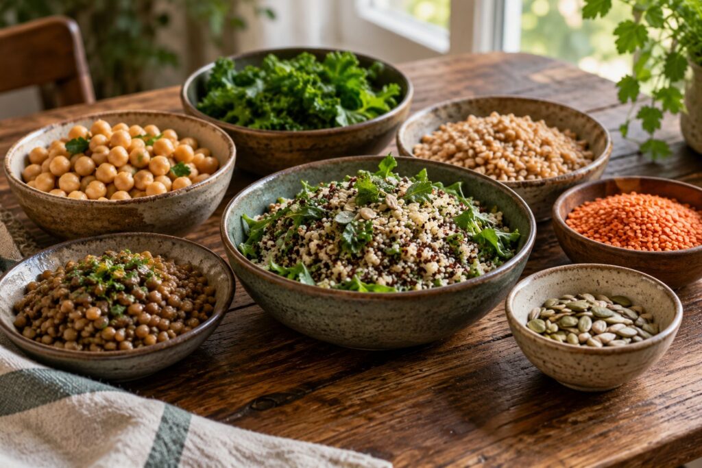Sette ciotole con diversi alimenti vegetali