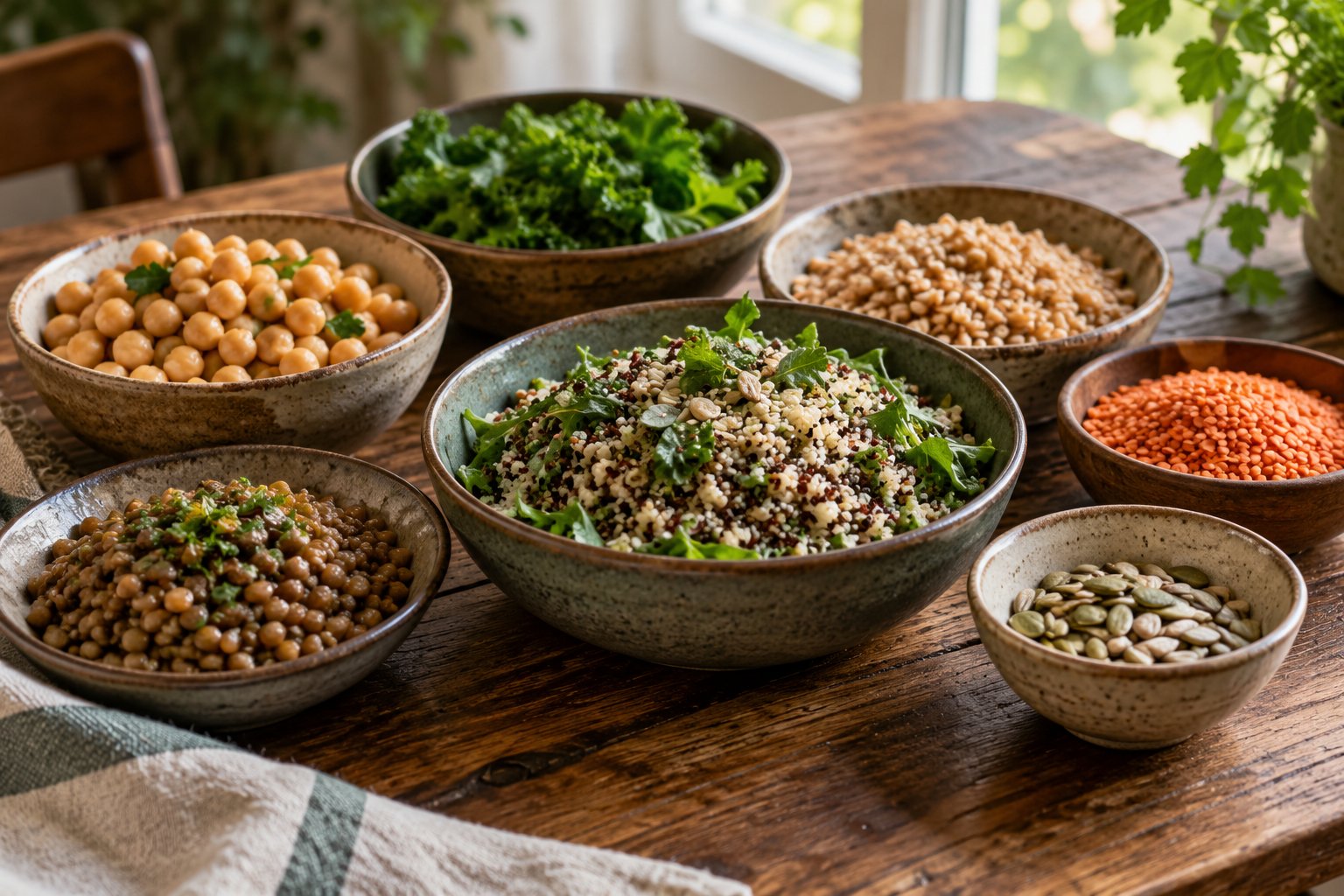 Sette ciotole con diversi alimenti vegetali