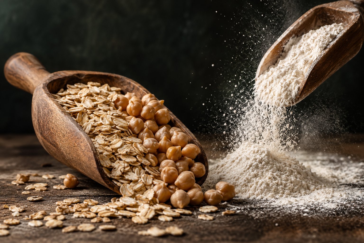 Cereali integrali e legumi accanto alla farina raffinata