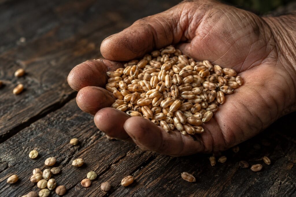 Chicchi di grano nella mano di una persona adulta