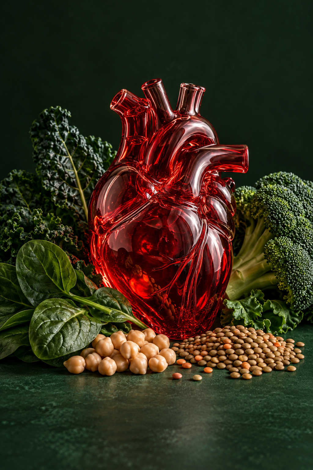 Immagine simbolica: un cuore in vetro rosso tra verdure a foglia, broccoli e legumi